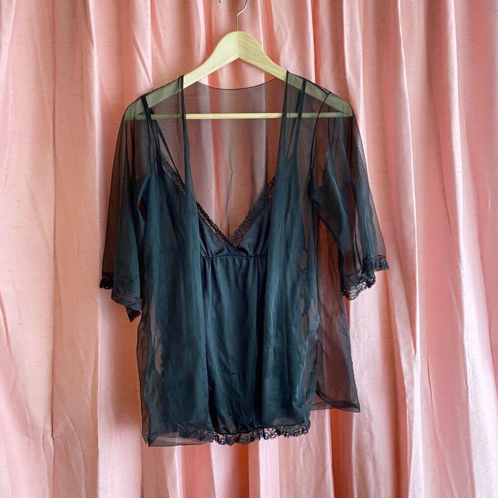Vintage Black Sheer M Lingerie Cami & Short Robe with Split Sides and Lace Pinup